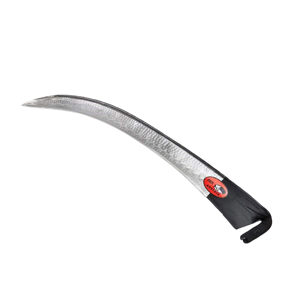 Curved metal scythe blade with hammered finish and black socket, designed for efficient cutting through dense growth, featured in Farm, Garden & Tool and Lawncare collections.