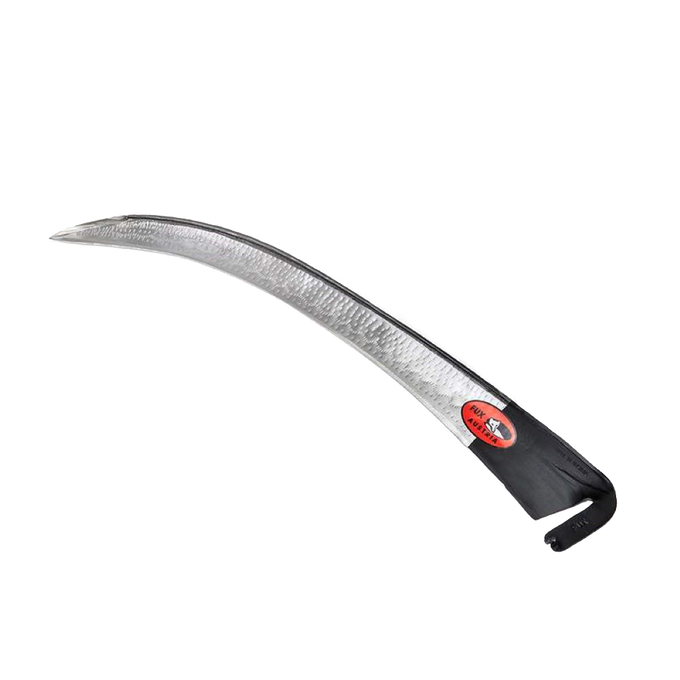 Curved metal scythe blade with hammered finish and black socket, designed for efficient cutting through dense growth, featured in Farm, Garden & Tool and Lawncare collections.