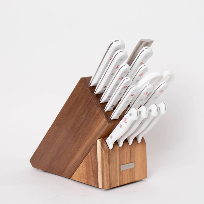 16-piece knife block set with white-handled knives in a wooden block, featuring a variety of kitchen knives ideal for Food Prep, Knives & Axes, Kitchen Knives, and Farm, Garden & Tool collections.