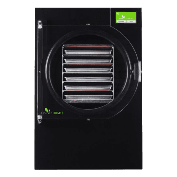 Black freeze dryer with a clear circular door displaying multiple stainless steel trays inside, featuring a green digital control screen, designed for Kitchen & Food, Food Preservation, Freezing, Drying, and Best Sellers collections.