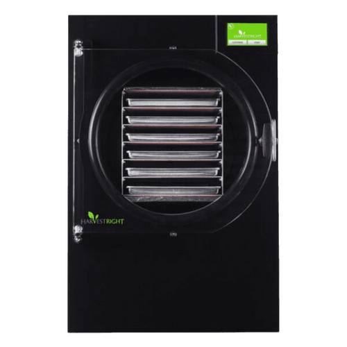 Black freeze dryer with a clear circular door displaying multiple stainless steel trays inside, featuring a green digital control screen, designed for Kitchen & Food, Food Preservation, Freezing, Drying, and Best Sellers collections.