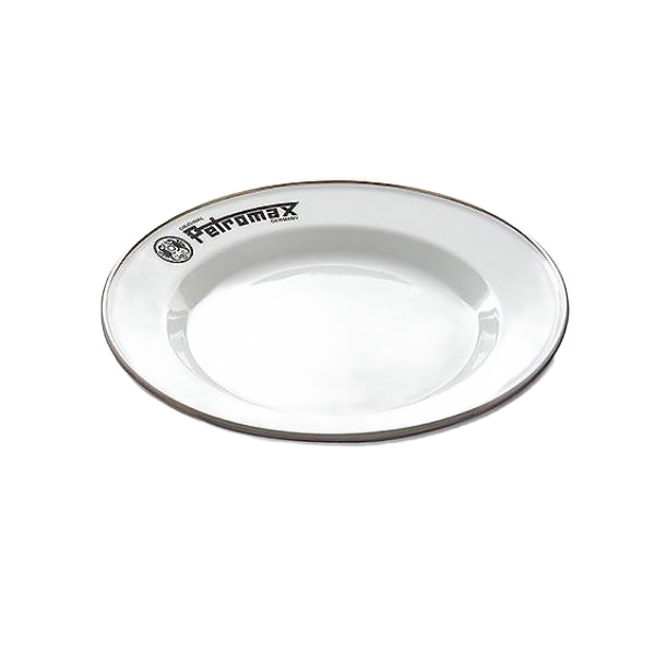 Durable white enamel plate with black rim and Petromax logo, lightweight and heat-resistant, ideal for camping, kitchen, Farm, Garden & Tool, Dinnerware, Best Sellers, and Promo Eligible collections.