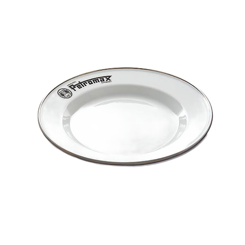 Durable white enamel plate with black rim and Petromax logo, lightweight and heat-resistant, ideal for camping, kitchen, Farm, Garden & Tool, Dinnerware, Best Sellers, and Promo Eligible collections.