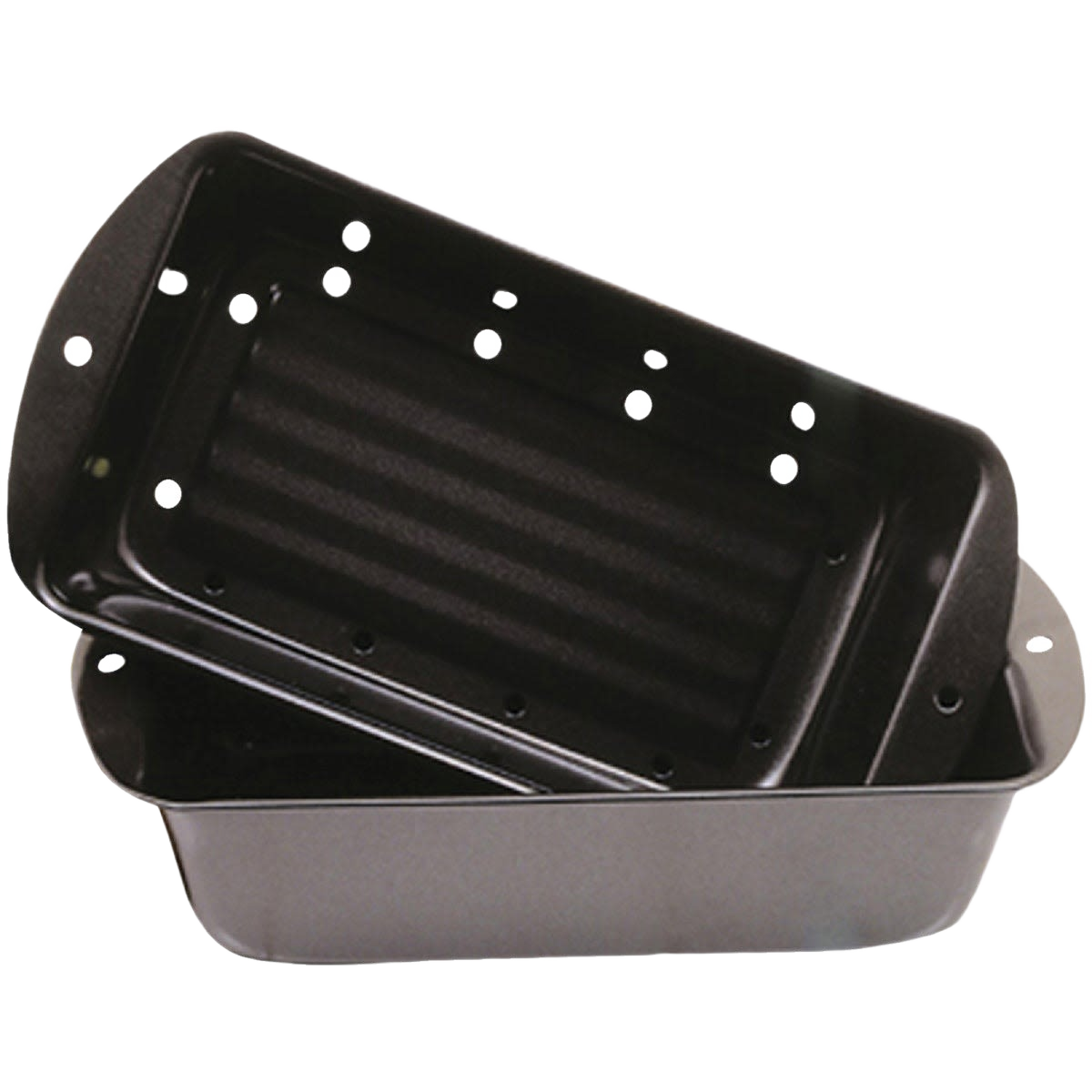 Two-piece non-stick perforated loaf pan set with inner draining pan to reduce grease, ideal for healthier meatloaf baking, featured in Kitchen & Food, Cookware, and Baking Supplies collections.