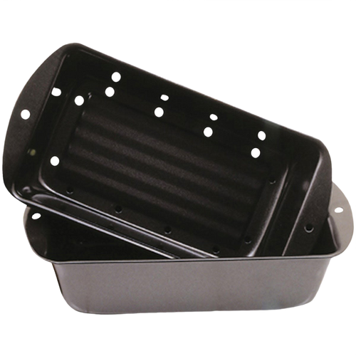Two-piece non-stick perforated loaf pan set with inner draining pan to reduce grease, ideal for healthier meatloaf baking, featured in Kitchen & Food, Cookware, and Baking Supplies collections.