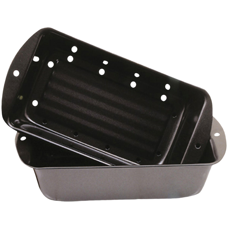Two-piece non-stick perforated loaf pan set with inner draining pan to reduce grease, ideal for healthier meatloaf baking, featured in Kitchen & Food, Cookware, and Baking Supplies collections.