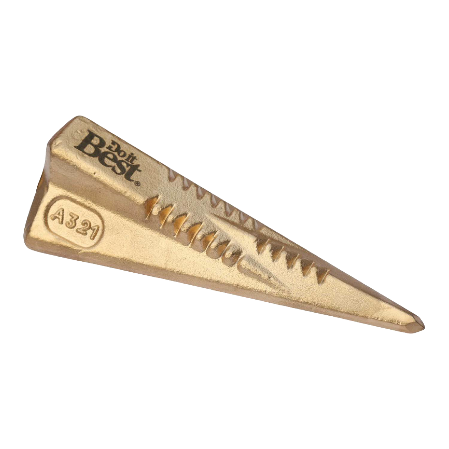 Heavy-duty 3.5 lb wood splitting wedge with a unique four-sided diamond shape and pointed end, designed for efficient wood cutting in farm, garden, and tool collections.