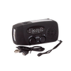 Compact black emergency hand crank radio with AM/FM tuner, LED flashlight, built-in speaker, and USB charging cable, suited for camping, emergency supplies, and farm use.