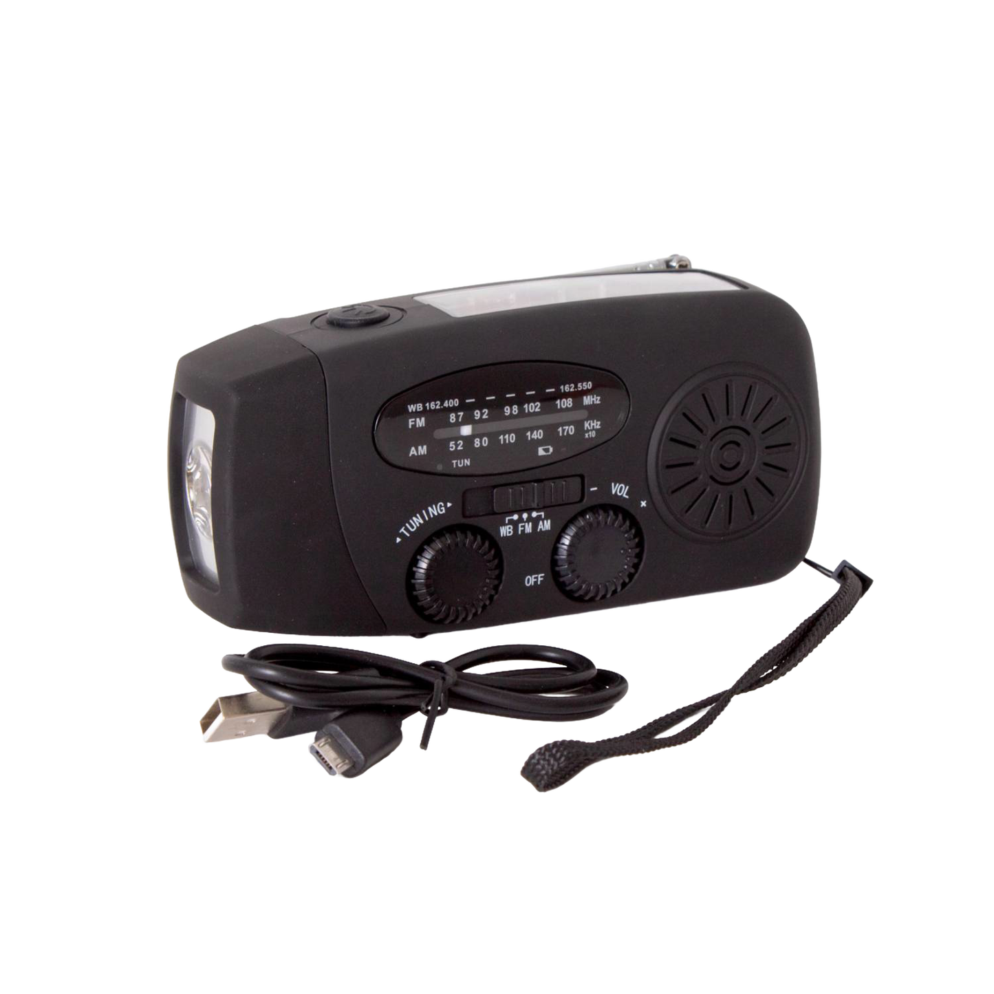 Compact black emergency hand crank radio with AM/FM tuner, LED flashlight, built-in speaker, and USB charging cable, suited for camping, emergency supplies, and farm use.