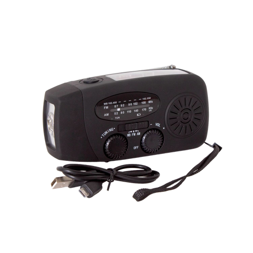 Compact black emergency hand crank radio with AM/FM tuner, LED flashlight, built-in speaker, and USB charging cable, suited for camping, emergency supplies, and farm use.