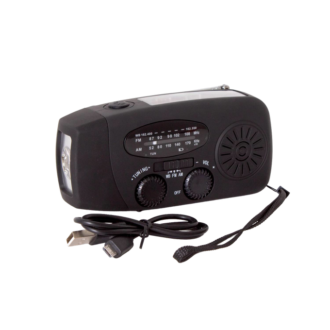 Compact black emergency hand crank radio with AM/FM tuner, LED flashlight, built-in speaker, and USB charging cable, suited for camping, emergency supplies, and farm use.