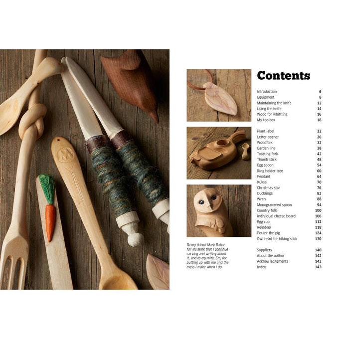 Close-up of handcrafted wooden whittling tools and carved utensils displayed on a rustic surface alongside a detailed contents page from a woodworking book, featured in Toys, Books & Games, Books, Home and Garden How-To Books, Best Sellers, and Promo Eligible collections.
