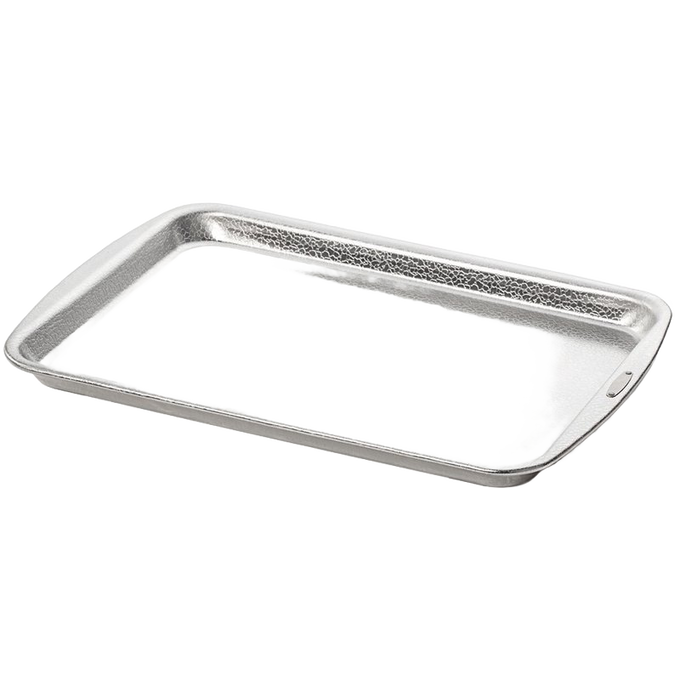Silver textured baking pan made of heavy-gauge recycled aluminum with a pebble pattern for even browning and easy food release, ideal for kitchen and cookware collections.