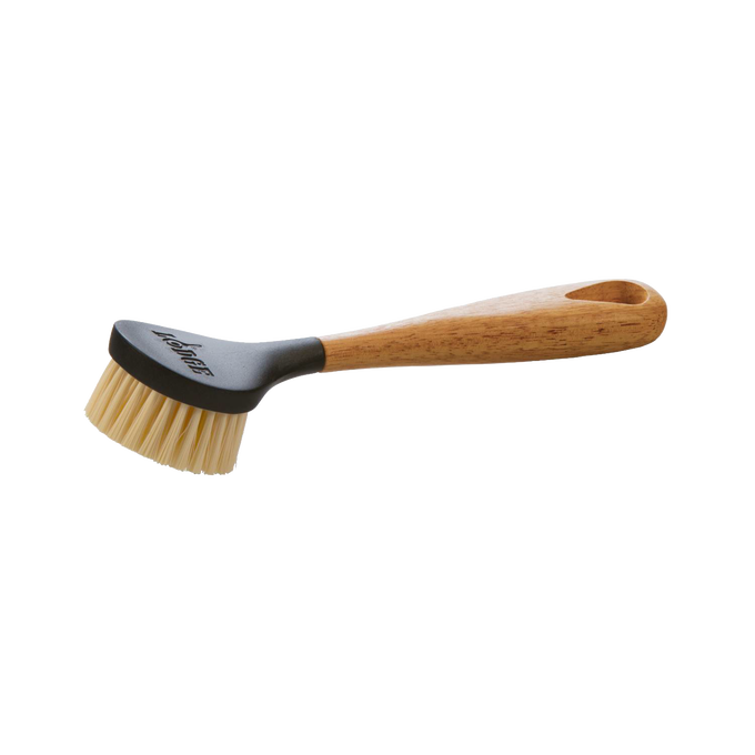 Scrubbing brush with stiff nylon bristles and an ergonomic natural wood handle, designed for cleaning cast iron cookware, featured in Kitchen & Food, Cookware, Cast Iron, Best Sellers, and Promo Eligible collections.