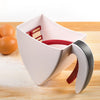 White durable plastic scoop and sift flour sifter with ergonomic handle and red trigger, designed for clump-free baking, shown on wooden surface with eggs nearby in Kitchen & Food collections.