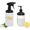 Set of two reusable no-break plastic jar lids with black sprayer and pump tops, displayed with lemon and mint, designed for Home & Decor, Household Helpers, USA Made, Best Sellers collections.