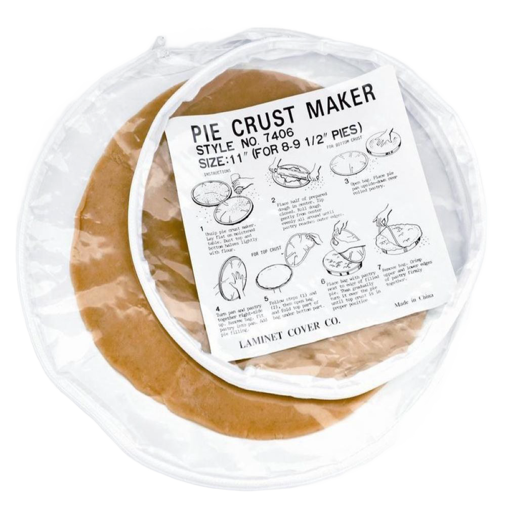 Clear plastic zippered pie crust maker with printed instructional label showing step-by-step dough rolling guide, ideal for Kitchen & Food, Cookware, Baking Supplies, and Best Sellers collections.