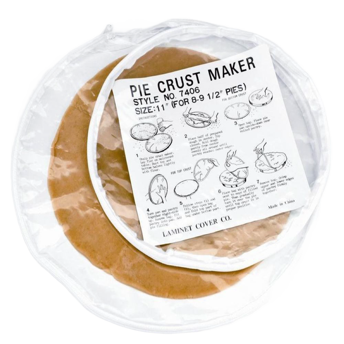 Clear plastic zippered pie crust maker with printed instructional label showing step-by-step dough rolling guide, ideal for Kitchen & Food, Cookware, Baking Supplies, and Best Sellers collections.