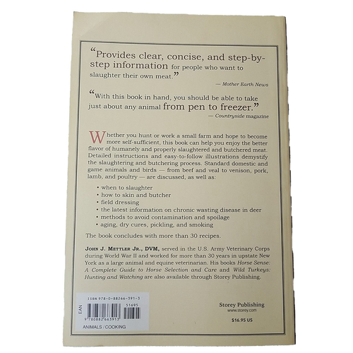 Back cover of a farm and livestock book featuring detailed descriptions of humane slaughter and butchering methods, field dressing, disease prevention, and recipes, part of Toys, Books & Games, Books, Farm and Livestock Books, Best Sellers, and Promo Eligible collections.