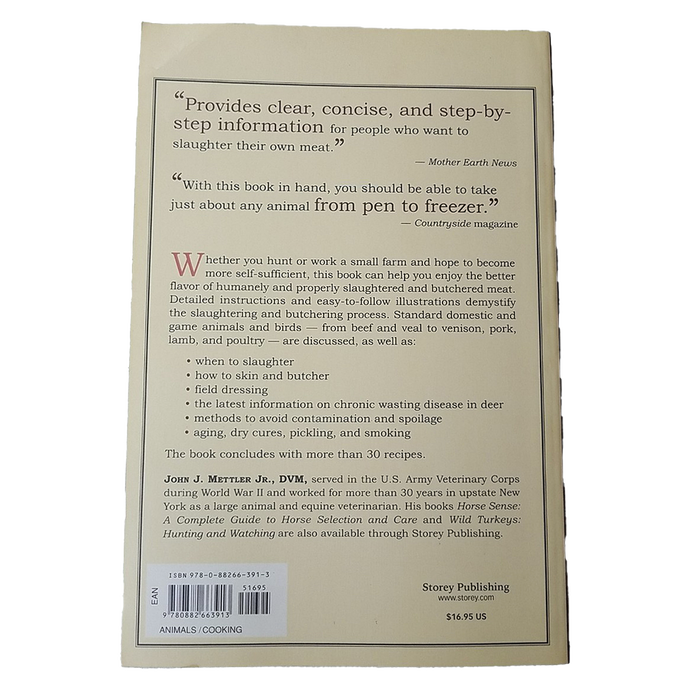 Back cover of a farm and livestock book featuring detailed descriptions of humane slaughter and butchering methods, field dressing, disease prevention, and recipes, part of Toys, Books & Games, Books, Farm and Livestock Books, Best Sellers, and Promo Eligible collections.