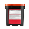 Black and red emergency food storage bucket with detailed nutrition facts and ingredients label, designed for long-term food supply in emergency and pantry collections.