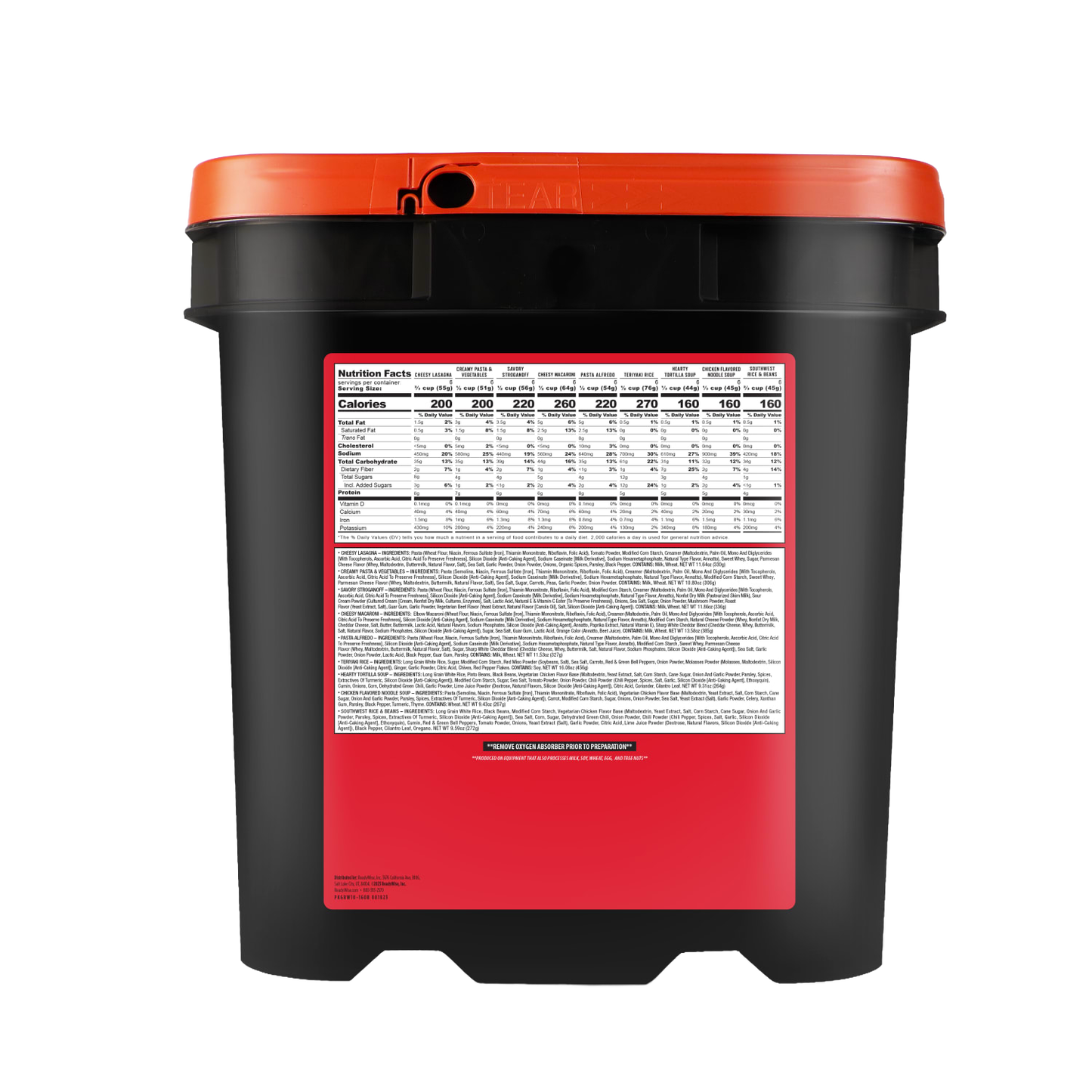 Black and red emergency food storage bucket with detailed nutrition facts and ingredients label, designed for long-term food supply in emergency and pantry collections.