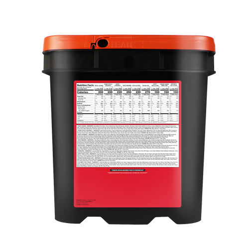 Black and red emergency food storage bucket with detailed nutrition facts and ingredients label, designed for long-term food supply in emergency and pantry collections.