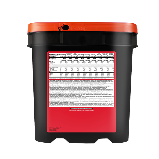 Black and red emergency food storage bucket with detailed nutrition facts and ingredients label, designed for long-term food supply in emergency and pantry collections.