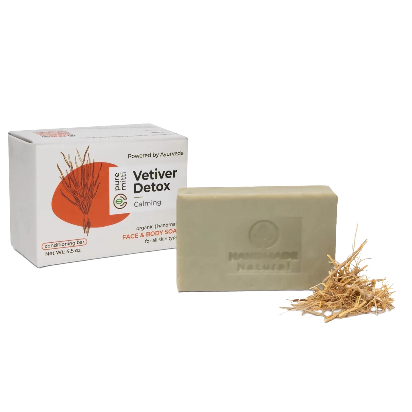 Handcrafted vetiver bar soap with soothing detox properties, enriched with organic coconut oil, shown with natural vetiver roots and packaging, featured in Health & Wellness and Soaps collections.