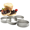 Set of four stainless steel muffin rings designed to shape and hold batter for English muffins and crumpets, shown with toasted muffins and berry jam, ideal for Kitchen & Food and Best Sellers.