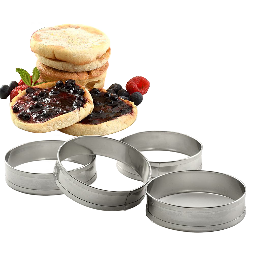 Set of four stainless steel muffin rings designed to shape and hold batter for English muffins and crumpets, shown with toasted muffins and berry jam, ideal for Kitchen & Food and Best Sellers.