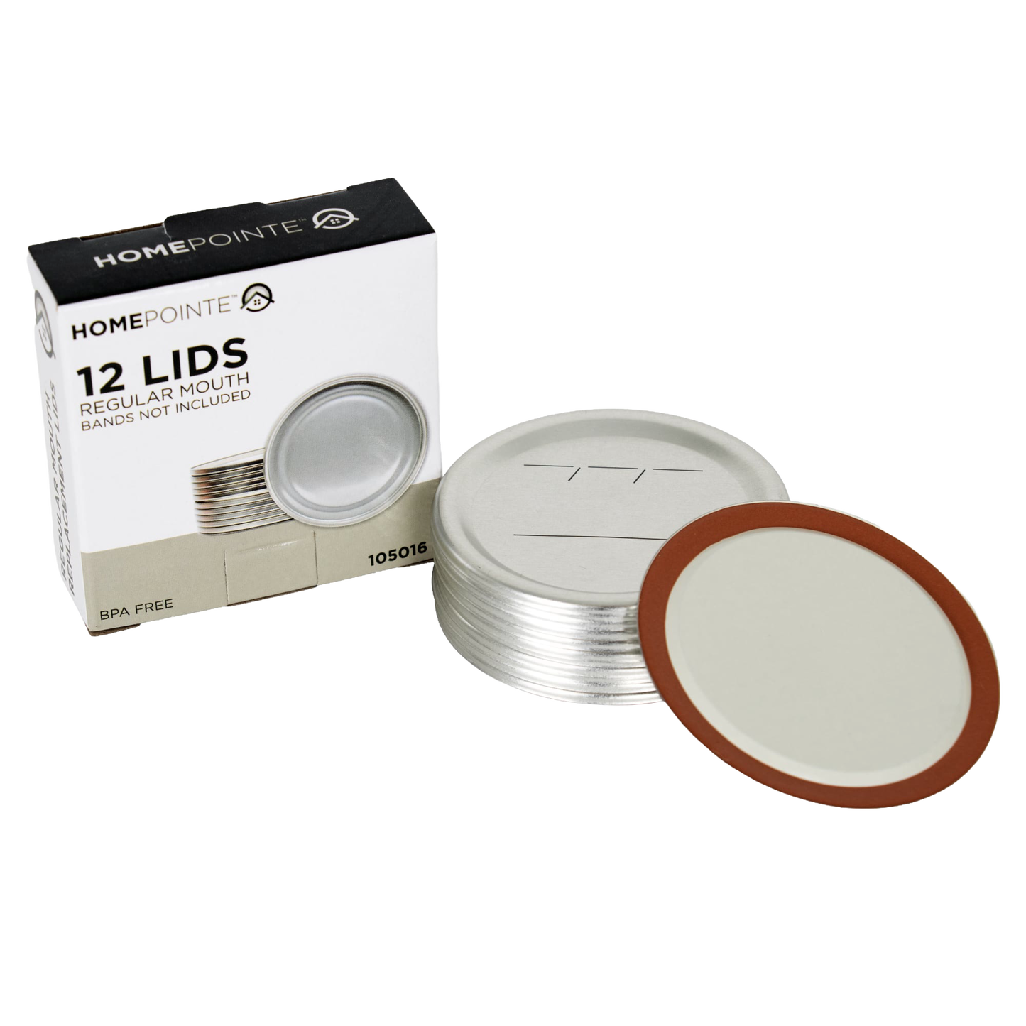 Box of twelve silver-toned regular-mouth canning lids with brown BPA-free sealing compound rings, designed for Kitchen & Food, Food Preservation, Canning, and Best Sellers collections.