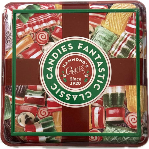 Square metal tin filled with assorted colorful old-fashioned candies in various shapes and flavors, handcrafted in USA, ideal for Kitchen & Food, Snacks and Sweets, Candy, and Best Sellers collections.