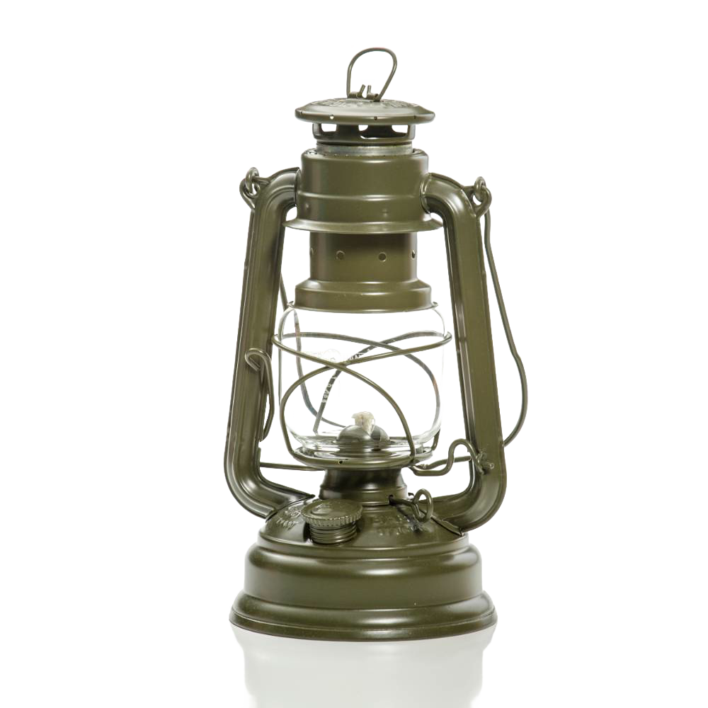 Handcrafted olive-green galvanized oil lantern with thermal heat-resistant SUPRAX globe, designed for durability and reliable use in Lamps & Lighting, Camping, and Emergency Supplies collections.