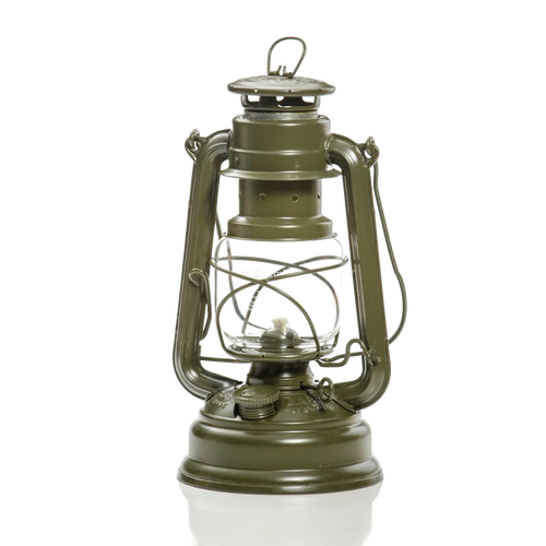 Handcrafted olive-green galvanized oil lantern with thermal heat-resistant SUPRAX globe, designed for durability and reliable use in Lamps & Lighting, Camping, and Emergency Supplies collections.