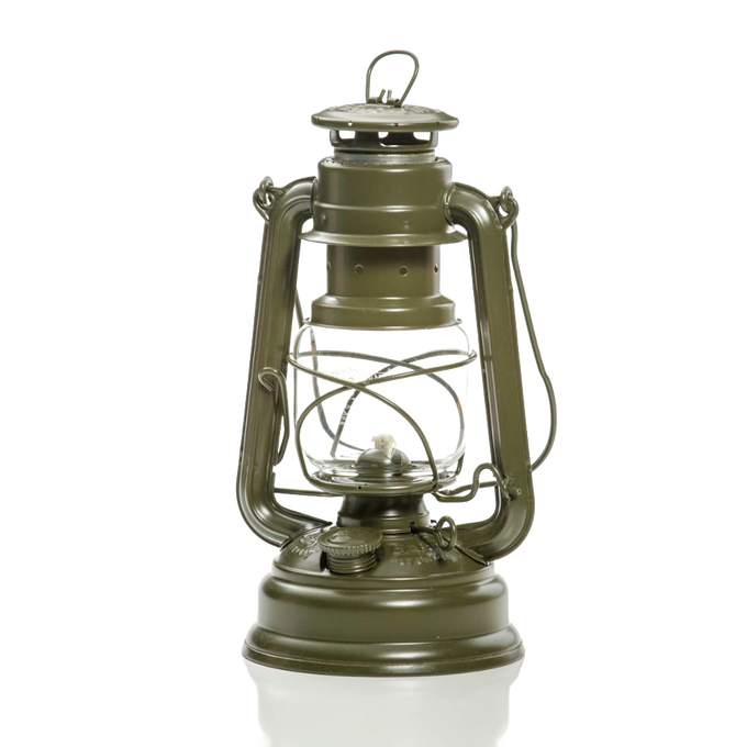 Handcrafted olive-green galvanized oil lantern with thermal heat-resistant SUPRAX globe, designed for durability and reliable use in Lamps & Lighting, Camping, and Emergency Supplies collections.