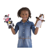 Child wearing denim dress holding two brightly patterned, washable farm animal hand puppets, ideal for imaginative play in Toys, Books & Games, Children's Toys, Dolls and Doll Accessories, Indoor Play, Best Sellers, and Promo Eligible collections.