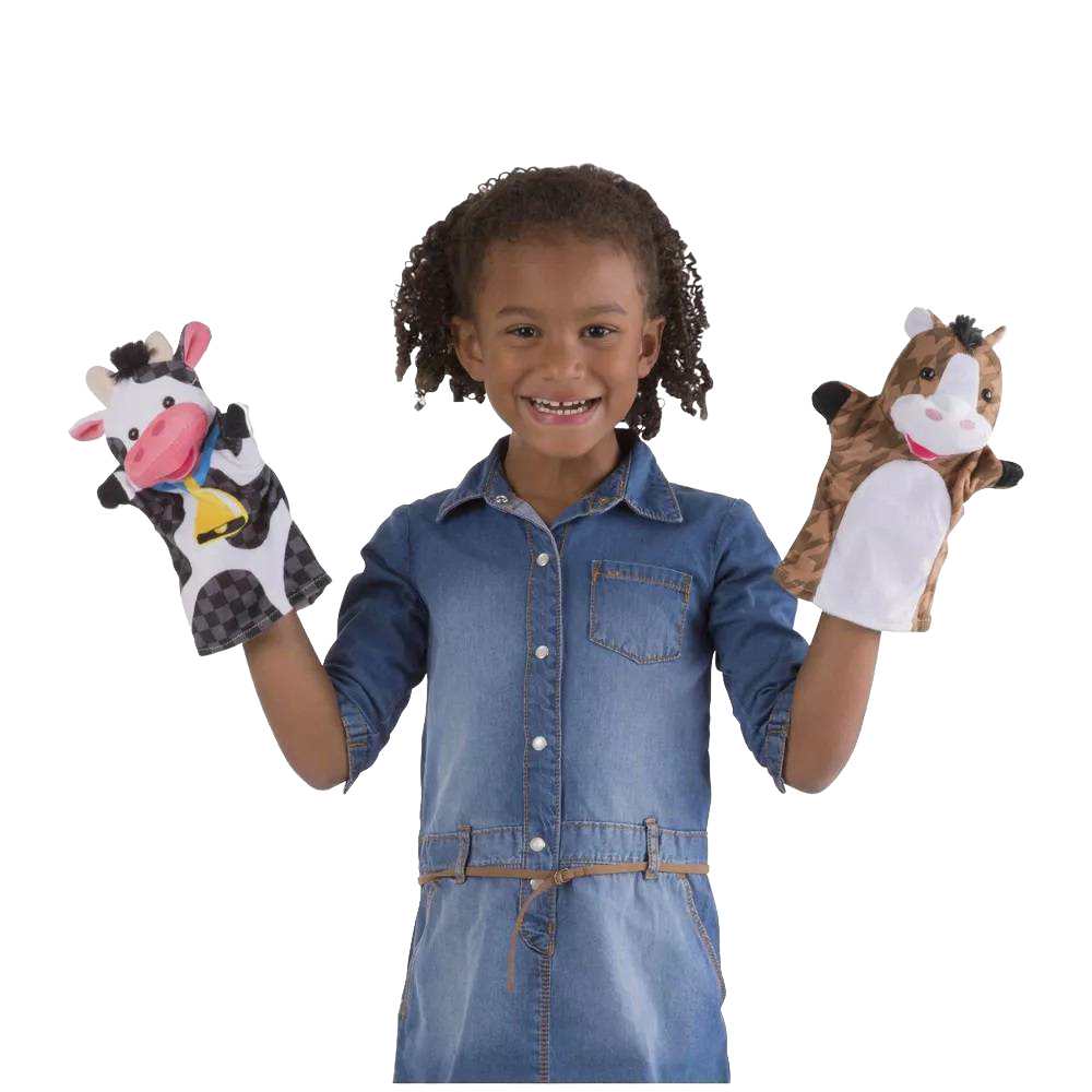 Child wearing denim dress holding two brightly patterned, washable farm animal hand puppets, ideal for imaginative play in Toys, Books & Games, Children's Toys, Dolls and Doll Accessories, Indoor Play, Best Sellers, and Promo Eligible collections.