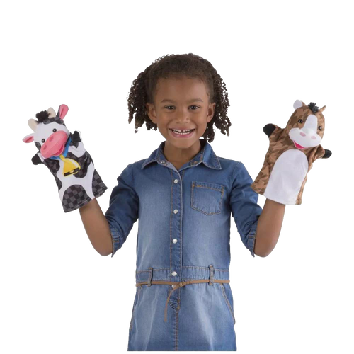 Child wearing denim dress holding two brightly patterned, washable farm animal hand puppets, ideal for imaginative play in Toys, Books & Games, Children's Toys, Dolls and Doll Accessories, Indoor Play, Best Sellers, and Promo Eligible collections.