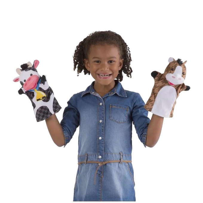 Child wearing denim dress holding two brightly patterned, washable farm animal hand puppets, ideal for imaginative play in Toys, Books & Games, Children's Toys, Dolls and Doll Accessories, Indoor Play, Best Sellers, and Promo Eligible collections.