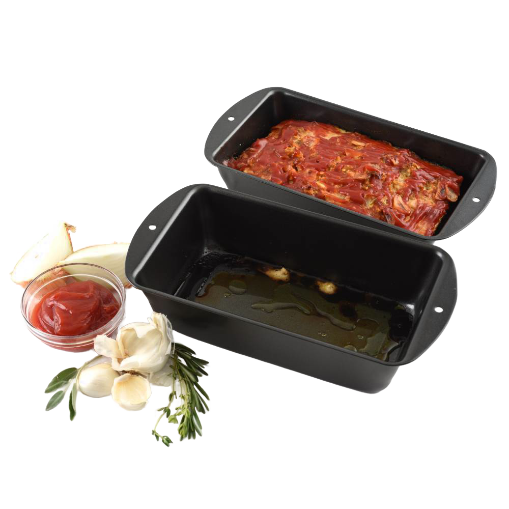 Two-piece black non-stick loaf pans with an inner perforated pan designed to drain fat for healthier meatloaf cooking, ideal for Kitchen & Food, Cookware, and Baking Supplies collections.
