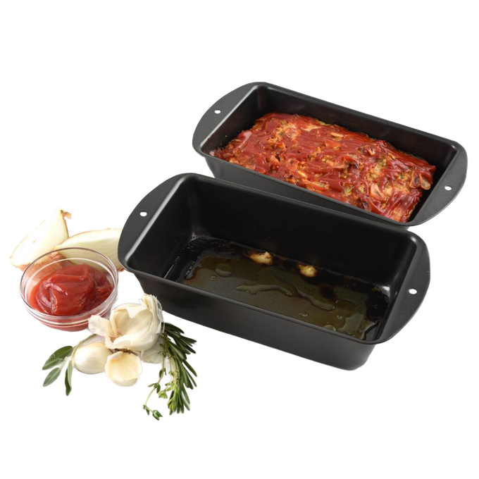 Two-piece black non-stick loaf pans with an inner perforated pan designed to drain fat for healthier meatloaf cooking, ideal for Kitchen & Food, Cookware, and Baking Supplies collections.