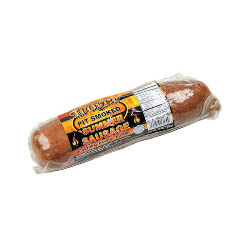 Vacuum-sealed, pit smoked summer sausage crafted in USA with a blend of pork and beef, ideal for Kitchen & Food, Snacks and Sweets, Pantry, Meats, USA Made, and Best Sellers collections.