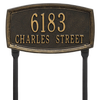 Black custom lawn address plaque with raised gold numbers and lettering featuring a traditional shaped border, designed to enhance curb appeal and made in USA.