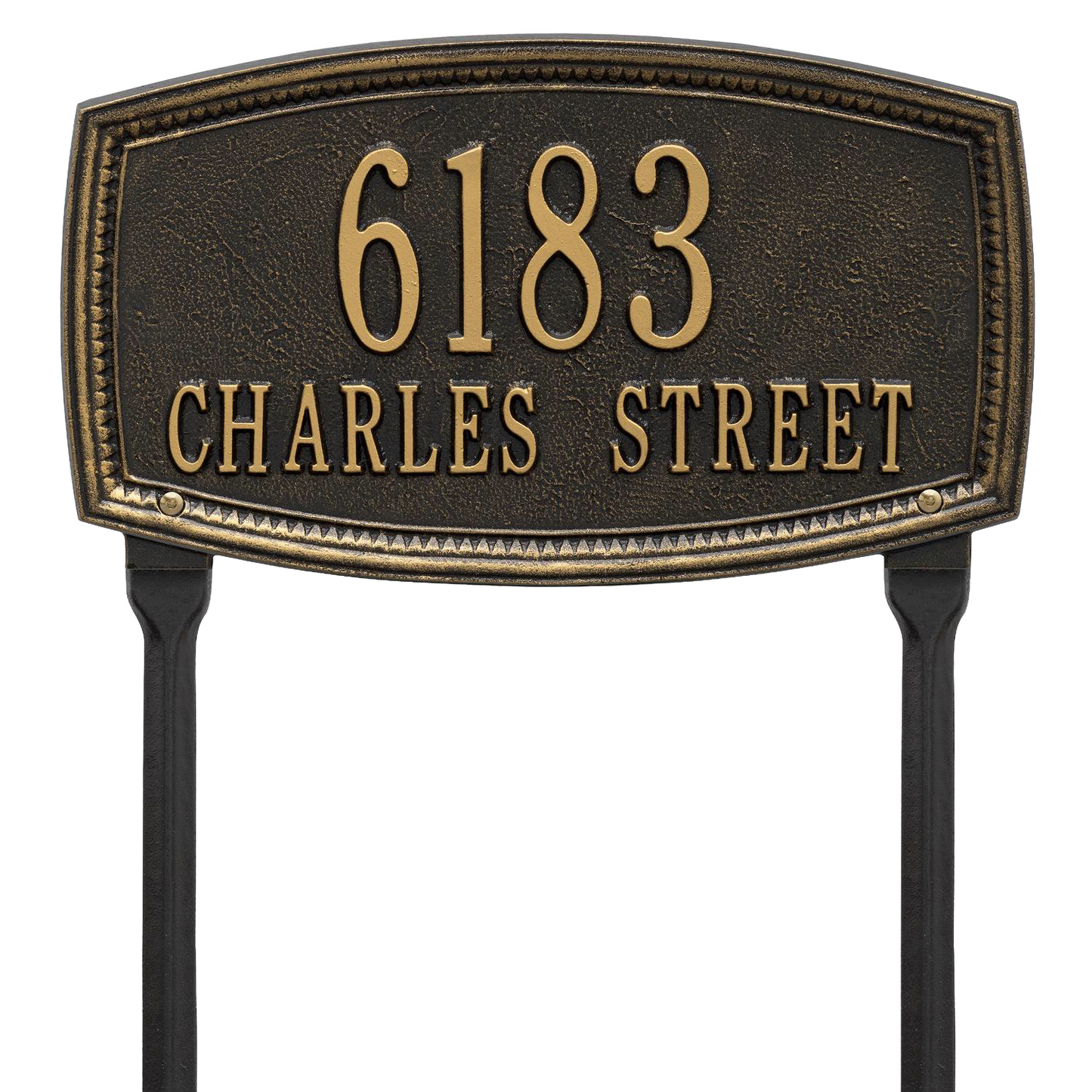 Black custom lawn address plaque with raised gold numbers and lettering featuring a traditional shaped border, designed to enhance curb appeal and made in USA.