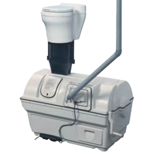 Compact air-flow composting toilet system with white ceramic bowl and integrated vent pipe, designed for water-free waste management, featured in Appliances and Composting Toilets collections.