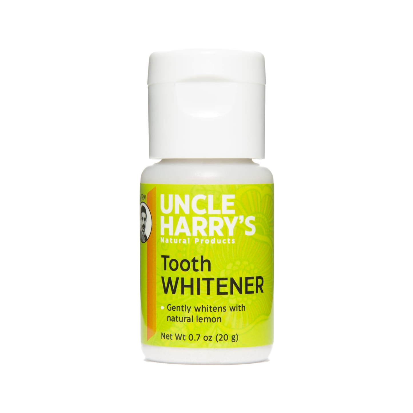 Small white plastic bottle with a bright green label for handcrafted tooth whitener powder featuring natural lemon, ideal for Health & Wellness, Grooming and Personal Hygiene, USA Made, and Best Sellers collections.