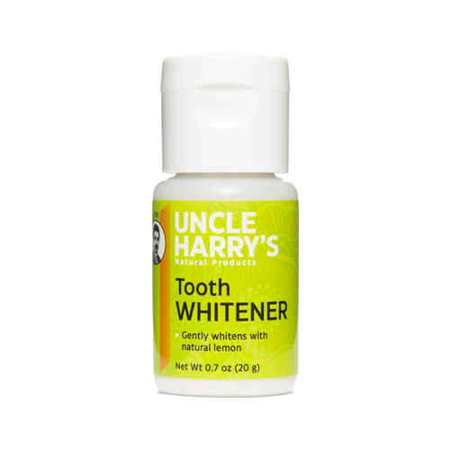 Small white plastic bottle with a bright green label for handcrafted tooth whitener powder featuring natural lemon, ideal for Health & Wellness, Grooming and Personal Hygiene, USA Made, and Best Sellers collections.