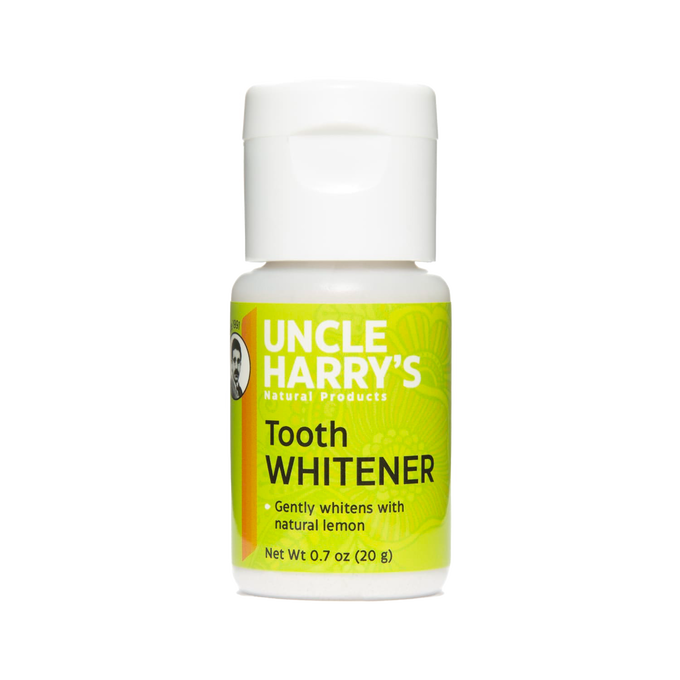 Small white plastic bottle with a bright green label for handcrafted tooth whitener powder featuring natural lemon, ideal for Health & Wellness, Grooming and Personal Hygiene, USA Made, and Best Sellers collections.