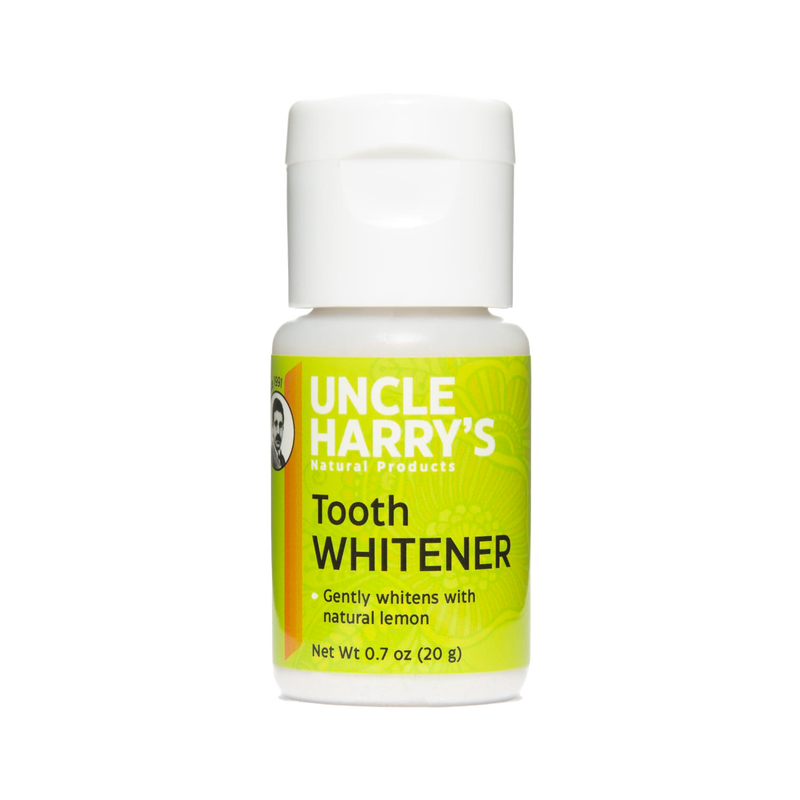 Small white plastic bottle with a bright green label for handcrafted tooth whitener powder featuring natural lemon, ideal for Health & Wellness, Grooming and Personal Hygiene, USA Made, and Best Sellers collections.